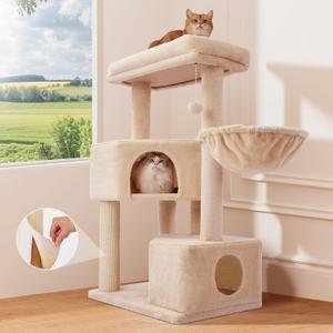 Gardner Pet 41" Tall Cat Tree for Large Cats, Heavy Duty Cat Tower with 3.2in Posts & Washable Top Perches, Space-Saving Cat Furniture with Replaceable Natural Sisal for Apartments, Easy to Assembly (Beige)