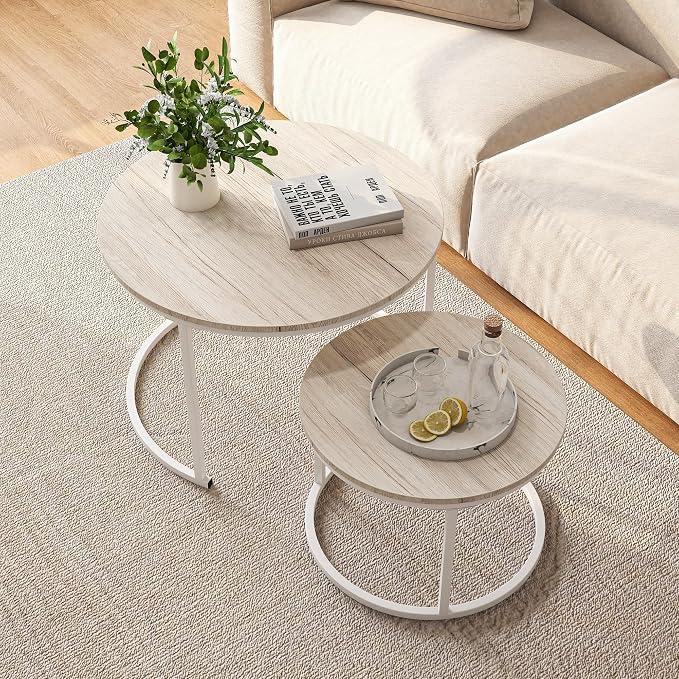 HOJINLINERO Round Coffee Table,Nesting Coffee Table Set of 2,Center Tables for Living Room,Office, Home Small Space,Stacking Side Tables,Sturdy and Easy Assembly,Wood Desktop,Oak+White,Large