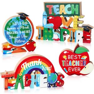 Amyhill 4 Pcs Teacher Appreciation Gifts Wooden Table Centerpieces Decorations Thank You Best Teacher Favors for Women Men Home School Classroom Desk Decor(Block)