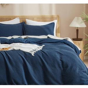 Waffle Weave Duvet Cover Set King Size, No Snagging Ultra Soft Luxury Textured Breathable Comforter Cover for All Season 3pcs, Durable Bedding Duvet Set with 2 Pillow Shams, Egyptian Cotton, 104"x90", Navy Blue