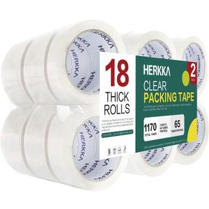 HERKKA Clear Packing Tape, 18 Rolls Heavy Duty Packaging Tape for Shipping Packaging Moving Sealing, Thicker Clear Packing Tape, 2 inches Wide, 65 Yards Per Roll, 1170 Total Yards