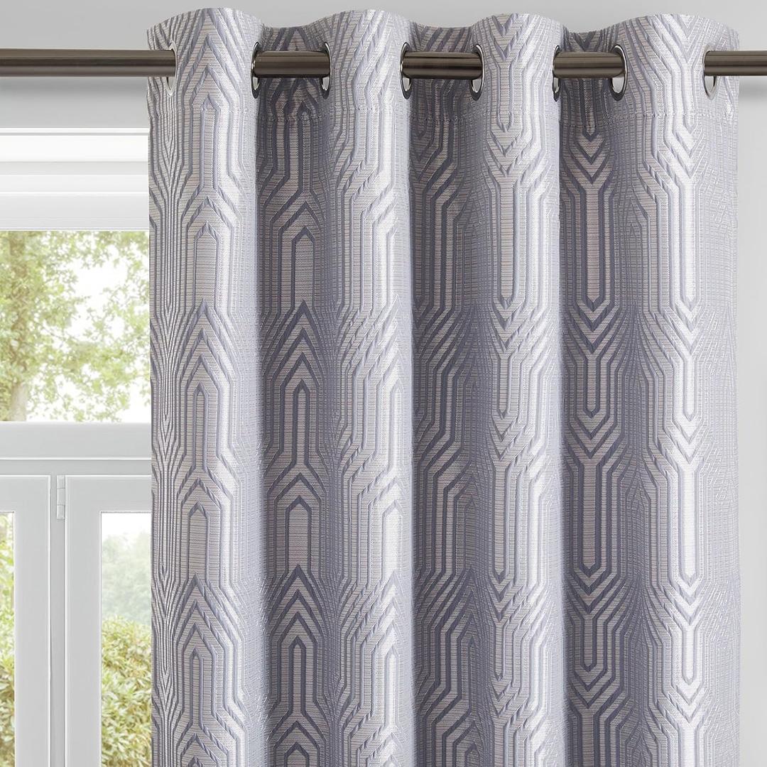 Grey Blue and Silvery 100% Blackout Curtains 63 Inch Length 2 Panels, Jacquard Thermal Insulated Noise Reducing Grommet Drapes for Bedroom Living Room, 2pcs, 52" W x 63" L