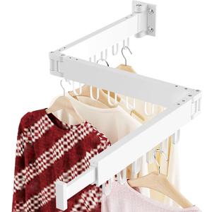 JAUREE Clothes Drying Rack Wall Mounted, Space-Saving Drying Rack Clothing, Collapsible Foldable Retractable Laundry Rack with 18 Hooks, Indoor/Outdoor, White