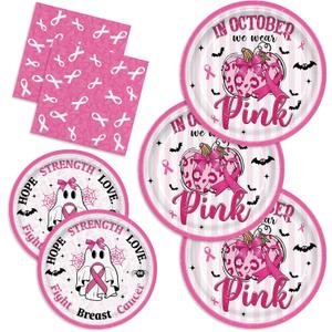 150pcs Breast Cancer Awareness Party Supplies Pink Ribbon Plates Napkins Disposable Dessert Plates Halloween Party Decorations Tableware Set for Breast Cancer Awareness Survivor Events Decor 50 Guests