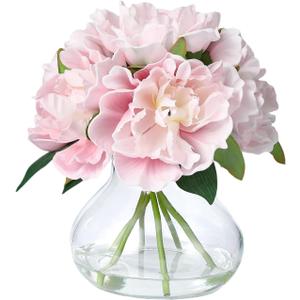 Pink Peony Bouquet in Glass Vase - 6 Piece Artificial Flower Arrangement with Faux Water for Wedding & Home Centerpieces