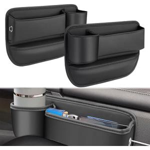 JINRUITOP Car Seat Gap Filler Organizer with Cup Holder, 2 Pack Adjustable Leather Car Side Seat Storage Box, Multifunction Interior Storage Organizer for Phones Keys Sunglasses Cards, Black