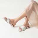 Women's Flat Sandals Rhinestone Strappy Buckle Slides With Soft Memory Foam Insole, Dressy Beach Leather Slippers for Summer Vacation (8, White)