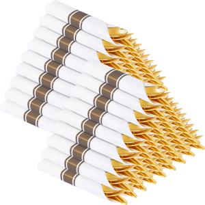 Supernal 100 Pack Gold Plastic Silverware with Napkins, Pre Rolled & Wrapped Gold Disposable Utensils Set (100 Forks, 100 Spoons, 100 Knives), Heavy Duty Plastic Cutlery Rolls for Wedding & Party