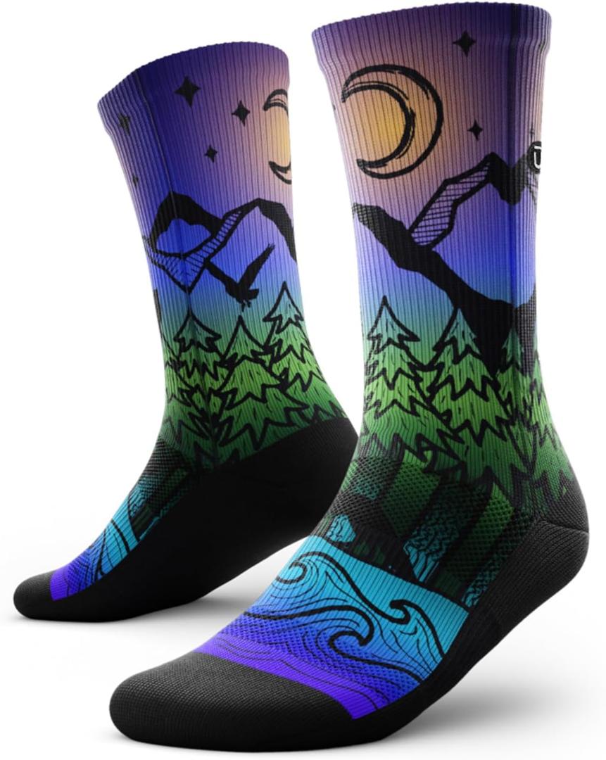 Outway Novelty Crew Socks for Men & Women, Breathable, Moisture-Wicking Athletic Calf Socks with Arch Support (Large-X-Large, Night Time Bliss Crew)