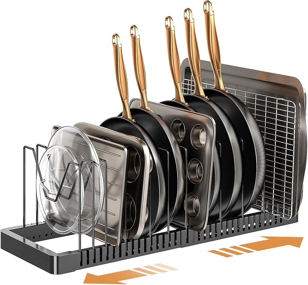 Pots and Pans Organizer under Cabinet, Expandable Pot Lid Organizer Holder with 12 Adjustable Compartment, Pan Organizers inside Cabinet for Lids, Bakeware, Kitchen Storage Pot Rack, Black