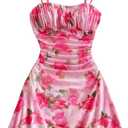 WDIRARA Women's Floral Print Ruched Cami Dress Spaghetti Strap Ruffle Hem Mesh Mini Dress Multicolor Pink X-Small