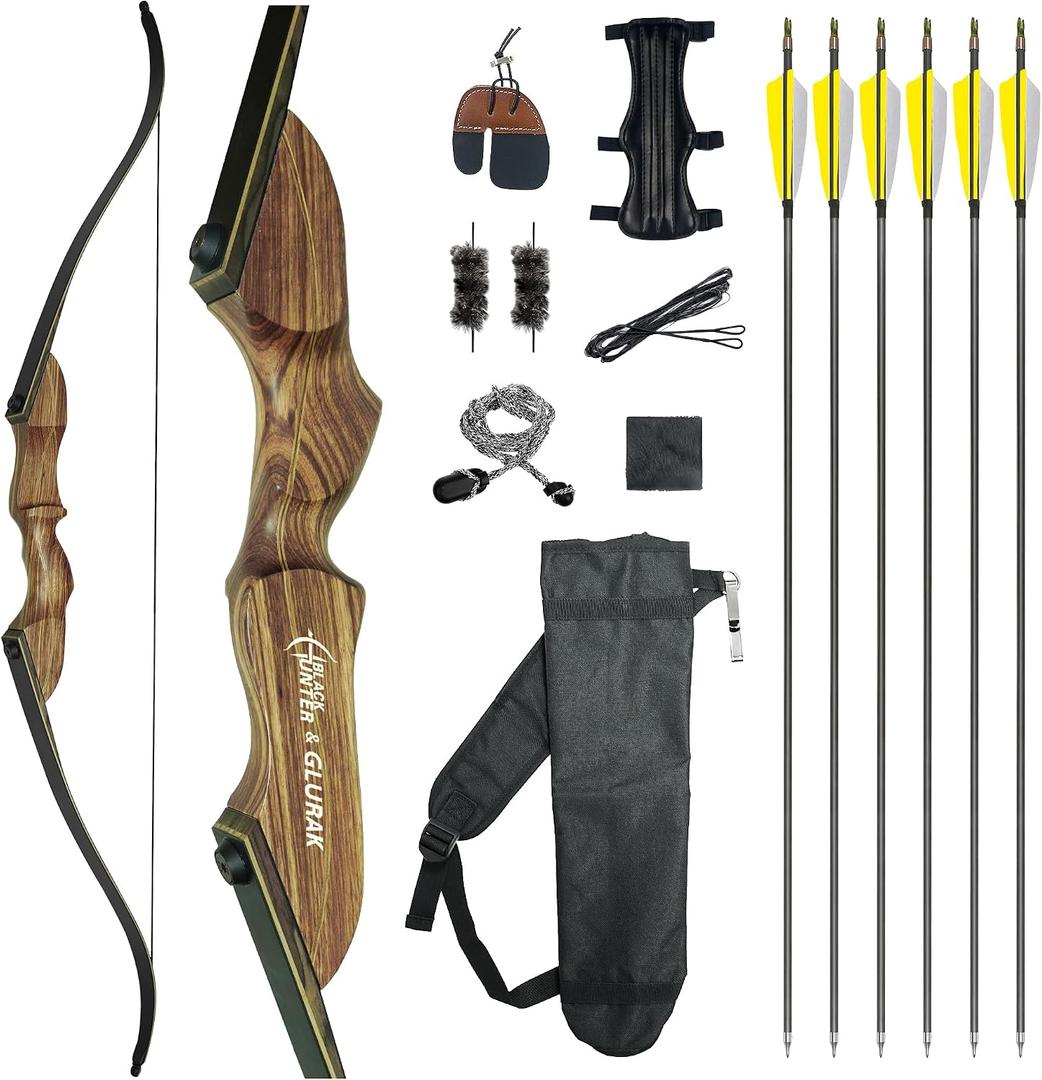 Black Hunter Recurve Bow and Arrow Set, GLURAK 60'' Wooden Takedown Recurve Bows Package, Archery Bow Kit for Target Practice and Hunting, Right Hand, 25-50 Lbs, 35lb