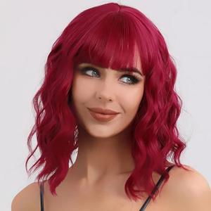 WAVE&BREEZE Short Wavy Red Wigs for Women 14 Inch Curly Wig With Bangs Natural Looking Synthetic Hair Wigs Heat Resistant Fiber Wig for Daily Party (Wine Red)