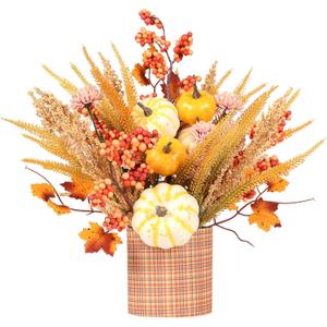 SY Super Bang Fall Decor, 12" Artificial Yellow/White Pumpkin Berry Maple Tree Table Decorations, for Autumn Halloween Thanksgiving Home Farmhouse Harvest Holiday Party Centerpieces Decor.