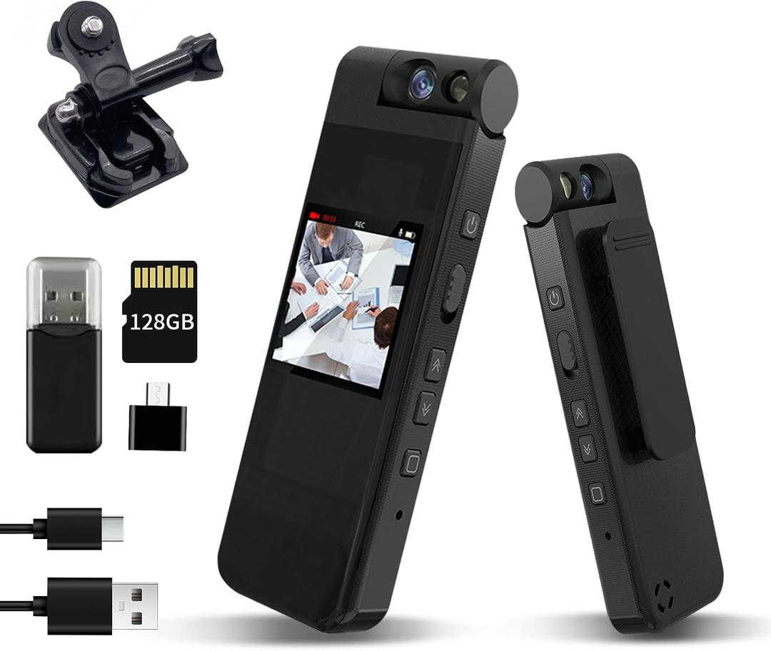 128GB Mini Body Camera with 180° Rotating Lens, 1080P HD Mini Body Cameras with Audio and Video Recording, Loop Record, 8 Hours Continuous Recording Camcorder for Security, Work, Travel
