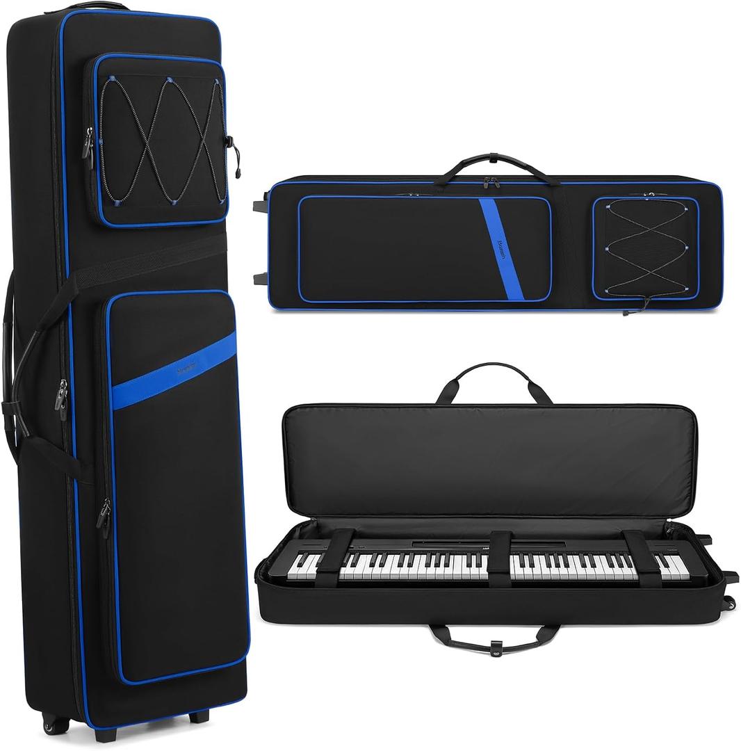 BOSSTIN 88 Key Keyboard Case with Wheels, Inner Size: 53.5"x 15"x 7", Waterproof Padded Rolling Gig Bag Keyboard Piano Case for 88 Key Piano Keyboard (Blue)