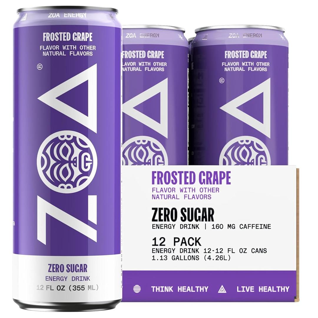 ZOA Zero Sugar Energy Drinks - Frosted Grape | Healthy Energy Formula with Natural Caffeine, Daily Vitamin C, Essential B-Vitamins | Gluten-Free, Keto Friendly | 12 Ounce Cans (Pack Of 12) (EXP 11/28/26)