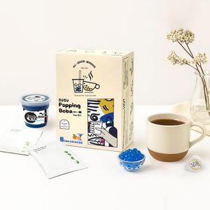 BOZU Popping Boba Kit Gift-Ready Hot or Iced Bubble Tea Set, Blue Curaao Popping Boba & Peach Green Tea, Secure Protective Packaging, 3 Servings (EXP 04/27/26)