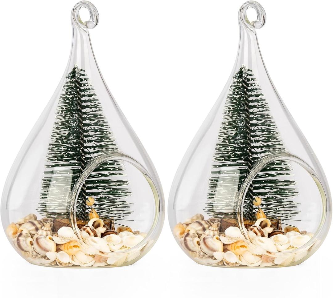 2 Pcs Hanging Glass Globes Orbs with Mini Christmas Tree, Clear Ornaments Balls with Natural Sea Shells, Tealight Candle Holder for Wedding, Christmas, Party, Centerpiece Accessory and Home Decor