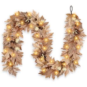 6 FT Fall Garland with Lights Timer Function Autumn Fall Leaves Garland with Berries Pine Cones Pumpkins Realistic Automatic ON/Off Timer Fall Decorations for Home Mantle Fireplace Porch Door Table