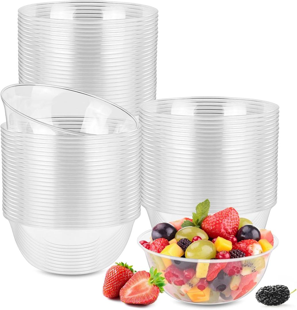 KIDSU 100 Pack 12 oz Clear Plastic Bowls Disposable Heavy Duty - Reusable Party Serving Bowls for Salad, Ice Cream, Soup, Fruit, Chips, Camping & Weddings (BPA-Free)