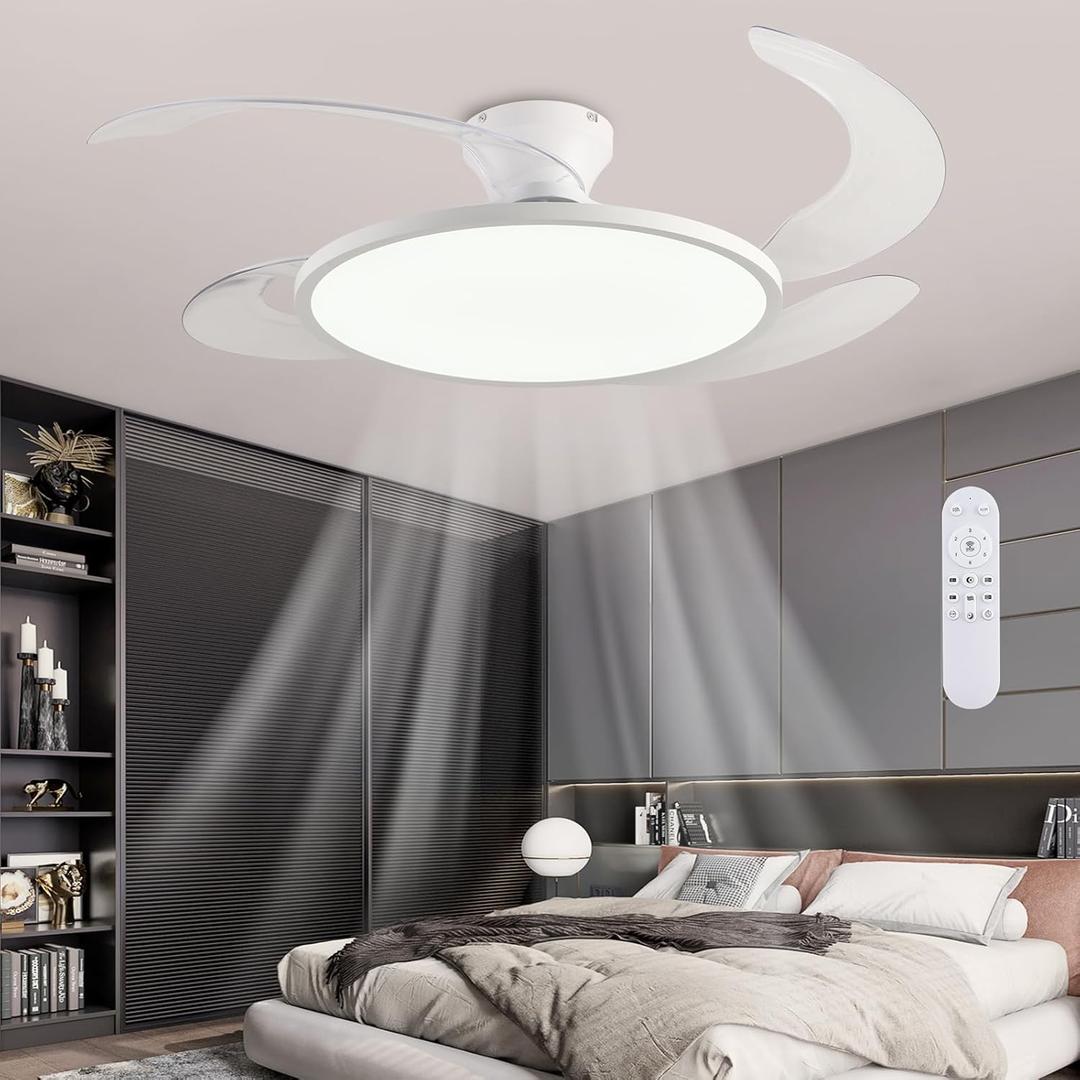 48'' Retractable Ceiling Fan,Full Spectrum Low Profile Ceiling Fan with Light and Remote,Modern White Fan for Dinning Room Living Room Bedroom,Retractable Blades,Dimmable,Timer Setting