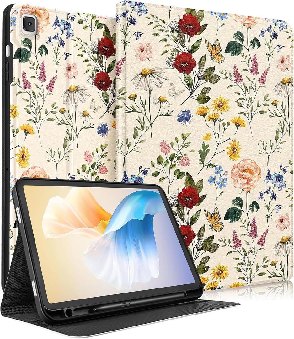 for Samsung Galaxy Tab A7 Case 10.4 Inch for Women Girls Cute Folio Cover with Pencil Holder Fashion Design Girly Kawaii Flower Floral Pretty Tablet Cases for Samsung Tab A7 Case 2022/2020 (3-Vintage Flower)
