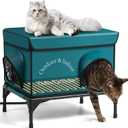 Heated Cat House for Outside Cat in Winter, Insulated Outdoor Feral Cat Shelter with Cat Heating Pad, 2 Doors,Elevated Waterproof Heated Kitty House (Blue, 21.5"x16.5"x18")