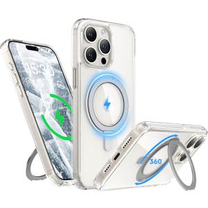 for iPhone 15 Pro Max Case 6.7-Inch with Magnetic 360° Ring Stand Compatible with MagSafe Crystal Clear Shockproof Protective Phone Cover 6.7" 2023, Clear