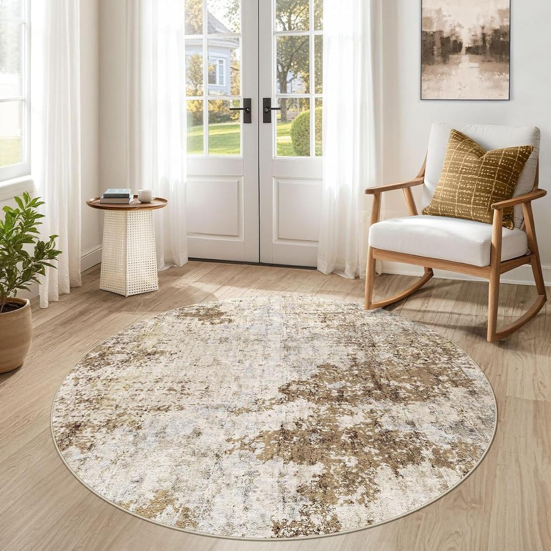 5ft Round Area Rug Living Room Rugs - 5x5 Washable Large Soft Indoor Neutral Modern Abstract Low Pile Rug Carpet for Bedroom Dining Room Farmhouse Home Office - Light Brown