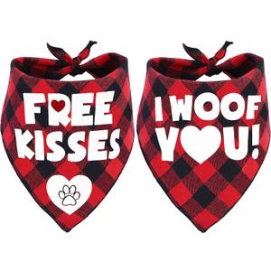 2 Pack Valentine's Dog Bandana, Holiday Buffalo Plaid Bandana Scarfs for Small Medium Large Dogs Cats Pet Puppies (Free Kisses)