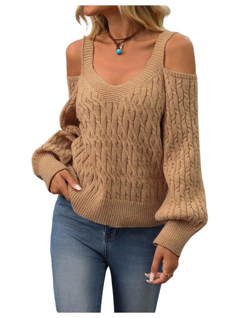 SOLY HUX Women's Cold Shoulder Sweater Cable Knit Long Sleeve Shirts Fall Pullover Tops Pure Khaki Large (Beige, L)
