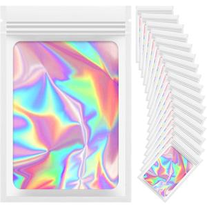 100 Pieces Resealable Mylar Bags, 4x6 Mylar Bags with Window, Small Holographic Packaging Bags for Food Storage/Jewelry/Eyelash for Small Business (White, 4.1x5.9 Inch)