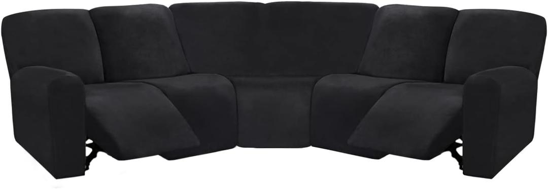 ULTICOR 7-Piece L Shape Sectional Recliner Sofa Covers, Velvet Stretch Reclining Couch Covers for Sofa, Thick, Soft, Washable (Black, 5 Seat Cover)