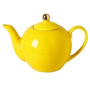 30oz Yellow Porcelain Teapot with a Speckled Glaze, Sunny Ceramic Teapot with Gold Trim for Loose Leaf and Blooming Tea, Tea Party Essential