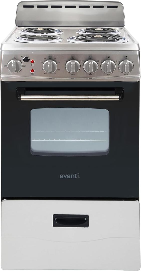 Avanti Electric Range Oven Compact Design, 2.1-Cu.Ft. Capacity with 4 Coil Burners, Framed Glass Oven Door, Storage Drawer and Broiler with Pan Perfect for Apartments, 20-Inch, Stainless Steel