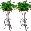 Solution4Patio 2 Pack Retro Metal Plant Stand Basket with Coconut Liner, Foldable 30" Height Tall Stand Plant Holder Shelf, Outdoor Elegant Corner Decorative Display Flower Rack