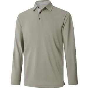 Mens Golf Shirt Short and Long Sleeve Moisture Wicking Dry Fit Performance Solid Casual Pique Golf Polo Shirts for Men (Medium, Dark Khaki-long)