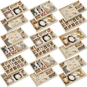 Junkin 18 Pcs Velvet Jewelry Tray, Stackable Jewelry Organizer Trays for Drawer, Jewellery Box Divided Display Tray, Jewelry Inserts for Drawer for Rings Earring Bangle Necklaces(Beige)