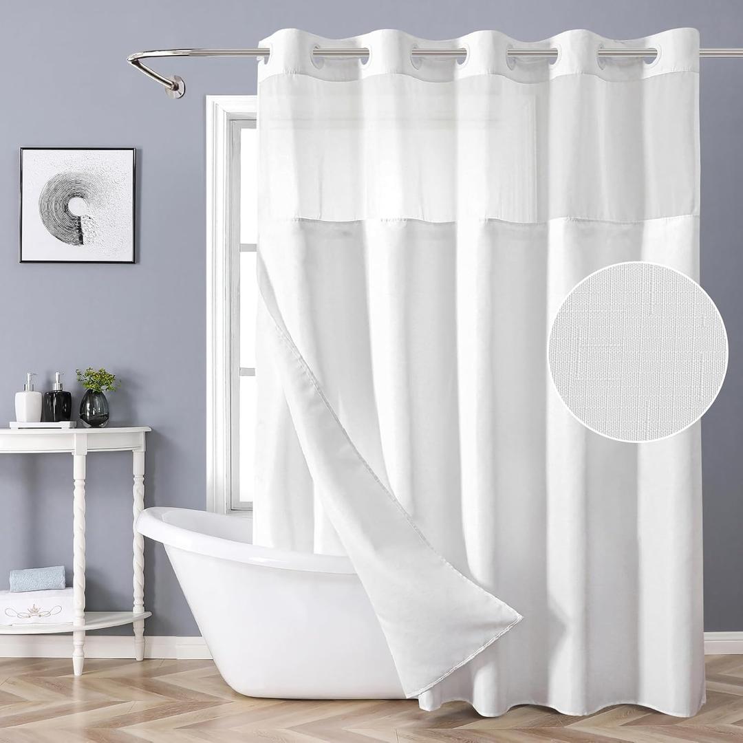 White No Hook Shower Curtain with Snap-in Fabric Liner Set,Slub Textured Fabric Shower Curtains for Bathroom,Hotel Style Modern Shower Curtain,Water Repellent& Washable, 71x77(75)