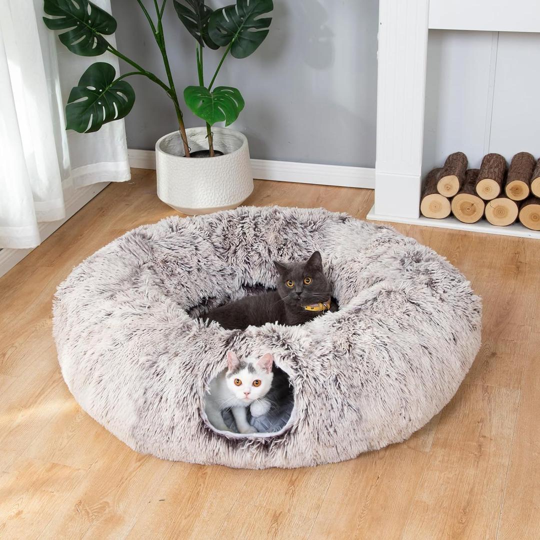 LUCKITTY Warm Fluffy Plush Cat Tunnel Bed Under Christmas Tree Big Tube Playground Toys 3 FT Diameter Longer Crinkle Collapsible 3 Way, for Indoor Cat Kitty Kitten Puppy Rabbit Ferret Brown