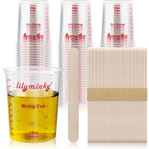 Lilymicky 16 oz Plastic Mixing Cups, 50 Pack 16 oz (500ml) Disposable Measuring Cups with 50 Wooden Mixing Sticks, Can Be Used for Epoxy Resin, Liquid Measuring, Paint, Cooking and Baking