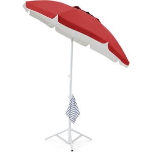 JEAREY 6.5ft Sun Shade Umbrellas, Portable Umbrella with Stand, Lightweight Sun Protection Free Standing Sport Umbrella for Outdoor Sports, Camping, Fishing, Patio, Beach, Red