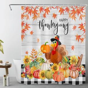 EOBTAIN Fall Thanksgiving Shower Curtain for Bathroom Turkey and Farm Harvest Plant on Vintage Wooden Board Shower Curtain with 10 Hooks Pumpkin and Sunflower Bathroom Curtains Shower Set 60x72 Inch (Black)