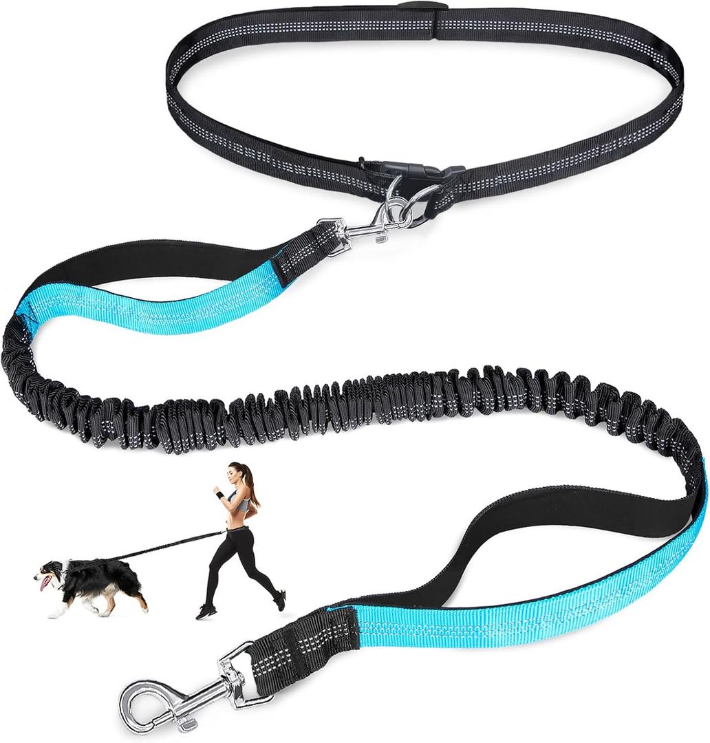 Laqibak Hands Free Dog Leash, Adjustable Waist Leash for Dog, Handle Bungee 4.2-6.7 Feet Long with Reflective Stitches for Walking Hiking Running, Fits 26"- 43" Waist, Black & Blue