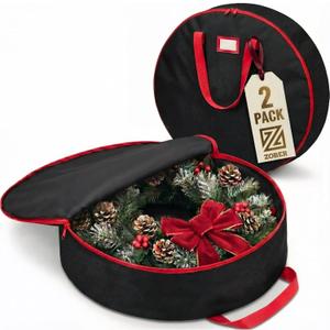 ZOBER 2 Pack Oxford Christmas Wreath Storage Container 36 Inch - Wreath Bag for Artificial Wreaths Box - Waterproof Fabric, Dual Zippered Wreaths Storage Bag With Strong Durable Handles - Black