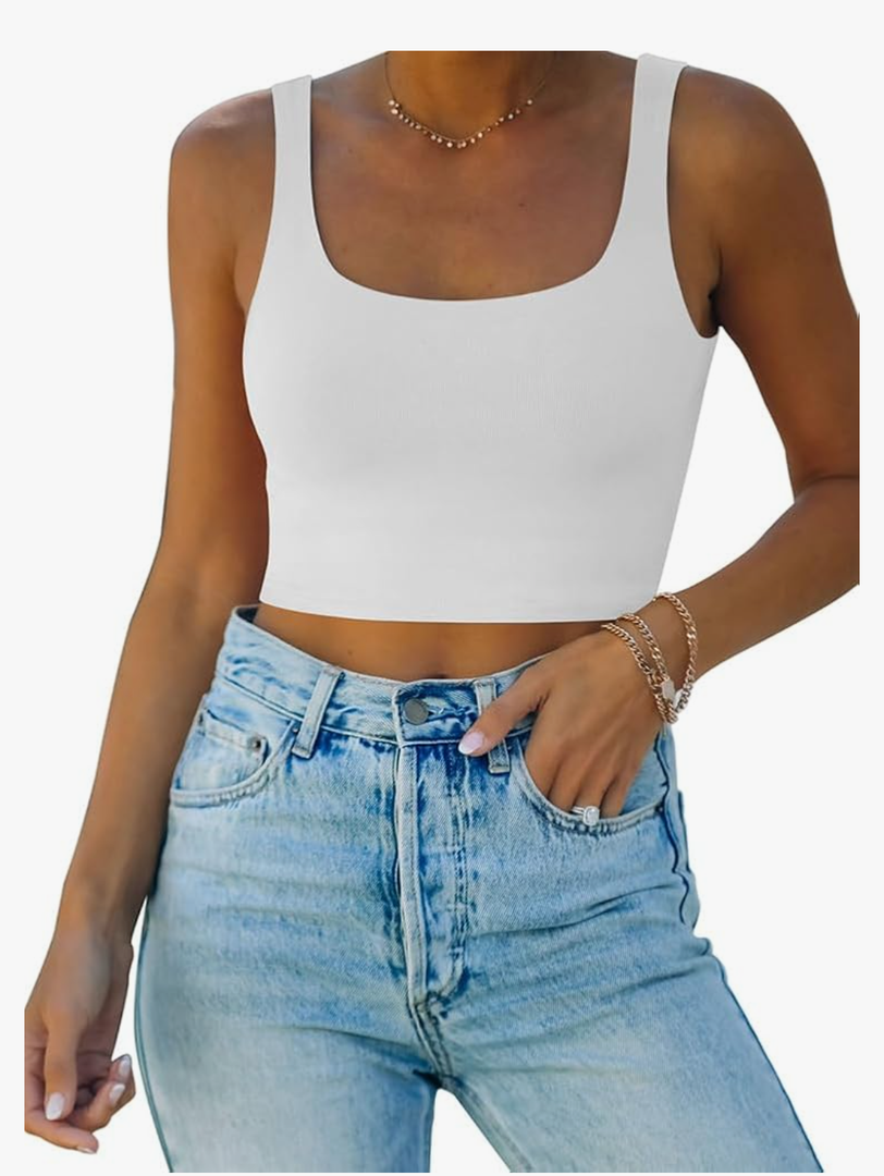 REORIA Women’s Sexy Square Neck Double Lined Seamless Sleeveless Cropped Tank Yoga Crop Basic Tops, L