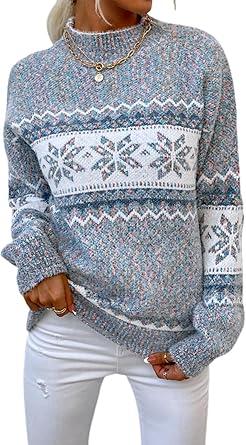 Women’s Snowflake Christmas Sweater Warm Knitted Winter Pullover Crewneck Tops Long Sleeve Christmas Party Sweater, M