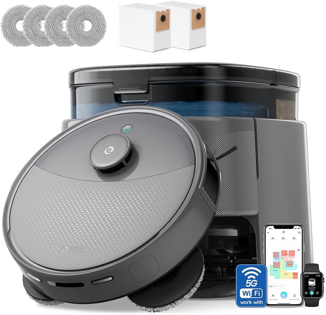 Lefant Robot Vacuum and Mop, 20000Pa Suction,90-Day Self-Emptying, Obstacle Avoidance,5200mAh Battery，Auto Mop Washing&Drying, All-in-One for Pet Hair Carpet, 5G WiFi Alexa/APP/iWatch Control, M3 Max