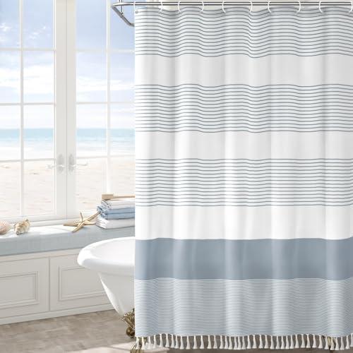 Awellife Blue Shower Curtain Beach Ocean Coastal Nautical Shower Curtain for Bathroom Stripe Tassel 72 X 72 Inches Cotton